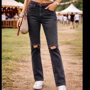 No‎ Boundaries Womens High Rise Straight Leg Distressed Jeans Black Size 5
